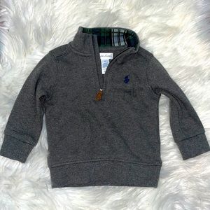 POLO- Ralph Lauren baby boy grey sweater w/plaid neck lining, 6 months, used.